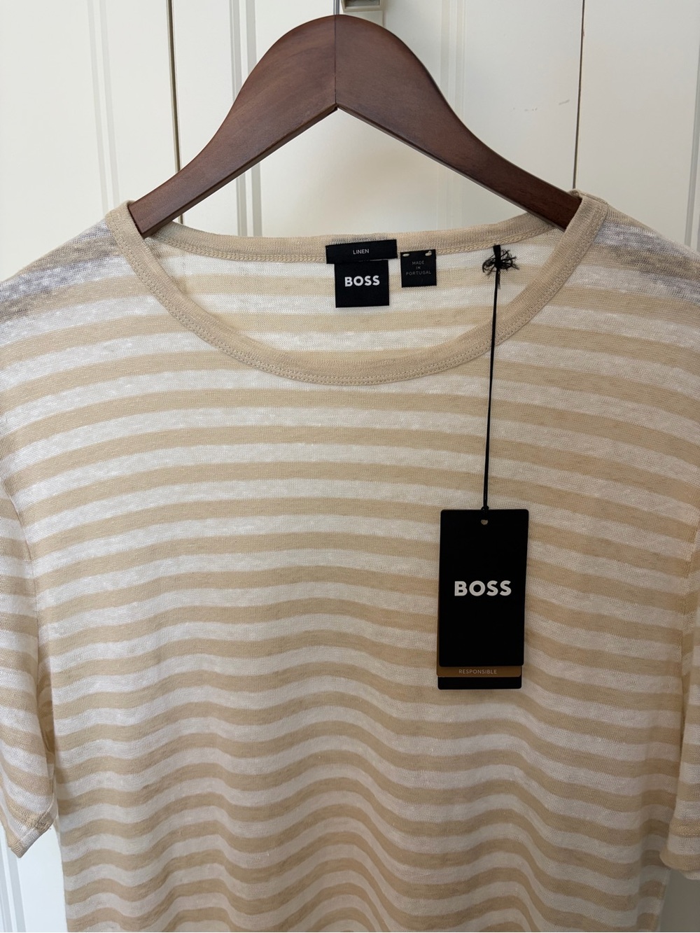 BOSS Linen - Men's Beige and White Striped 100% Linen shirt.
